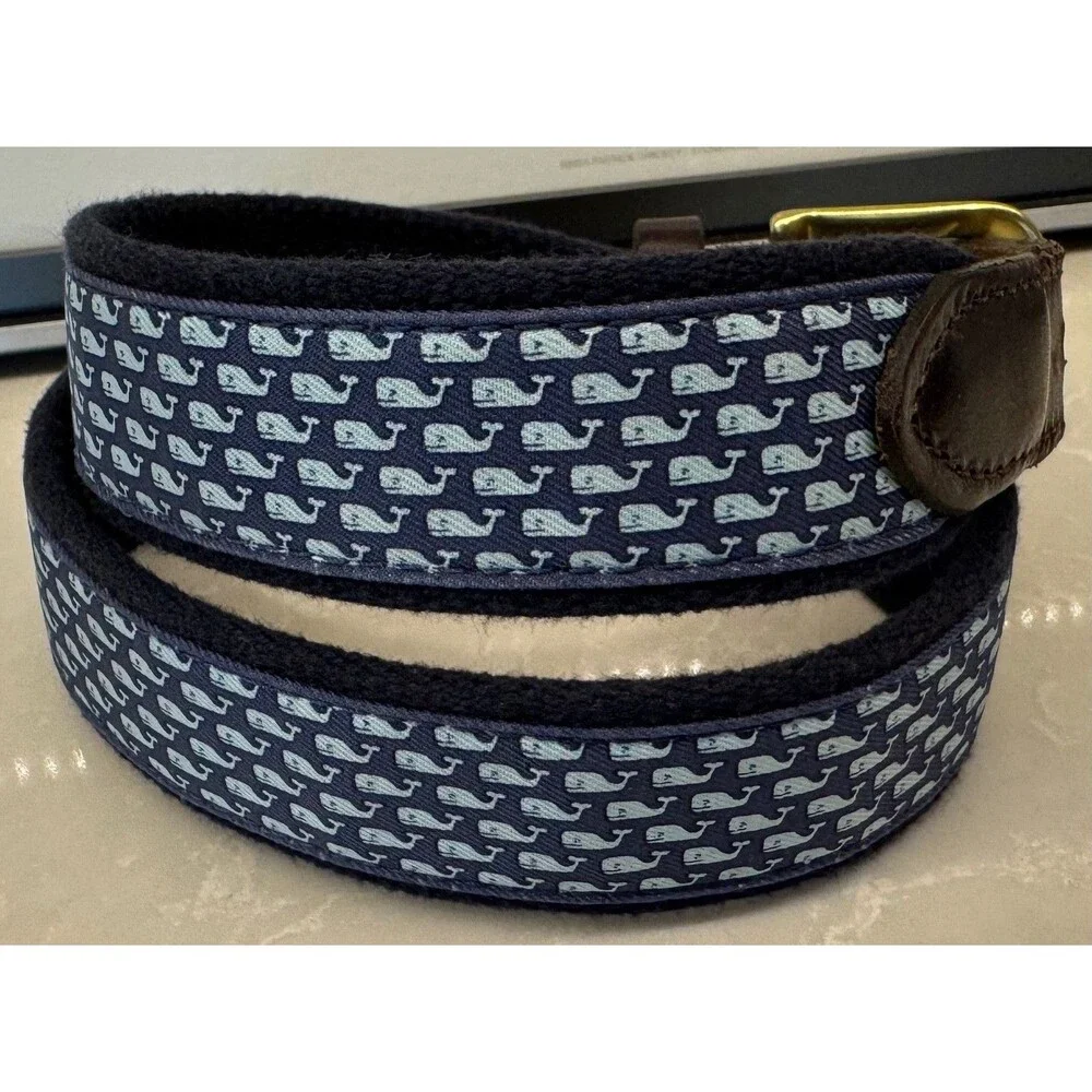 VINEYARD VINES - Blue Whales Brown Leather Canvas Belt - Size 26